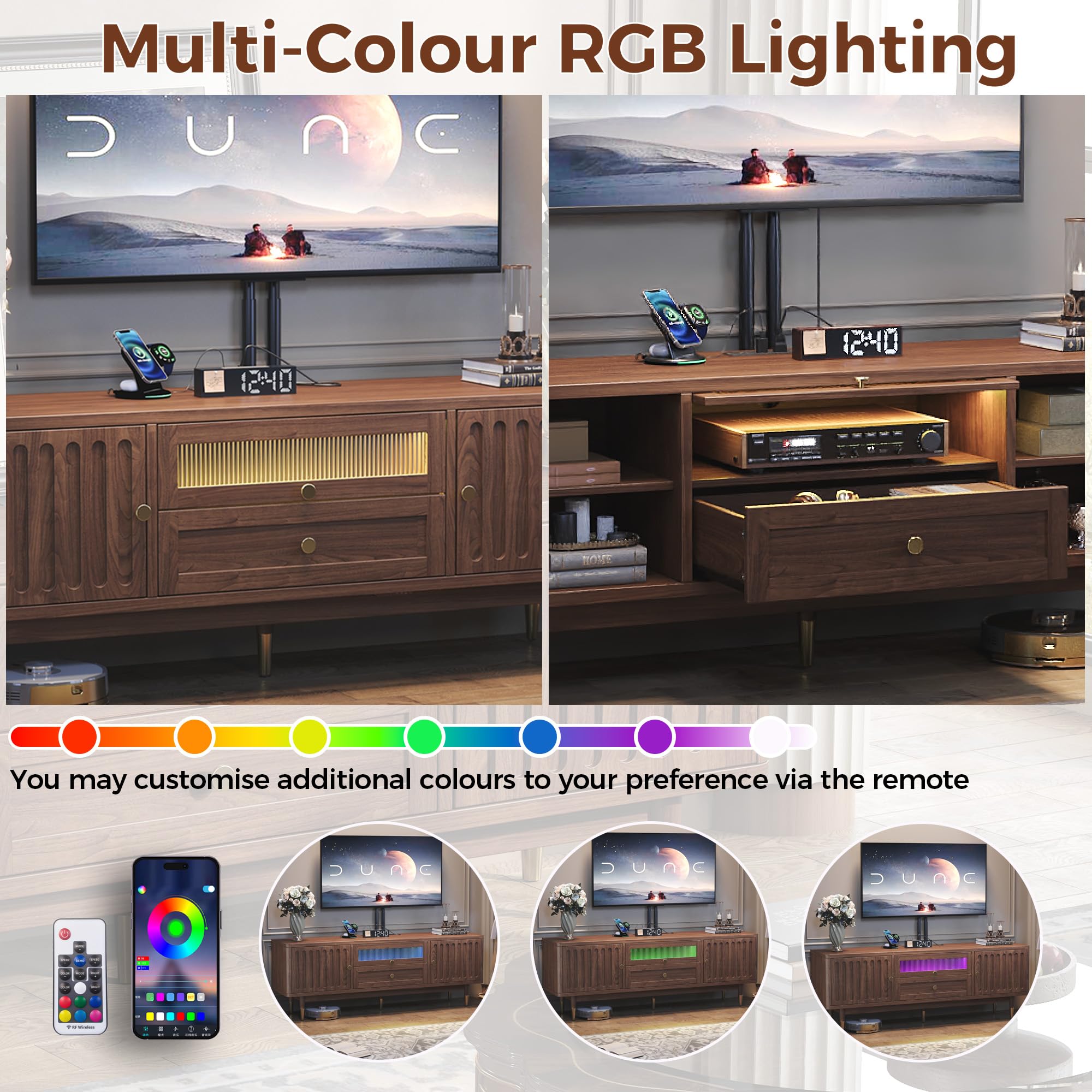 63" Mid Century Modern TV Stand with LED Lighting and Charging Station