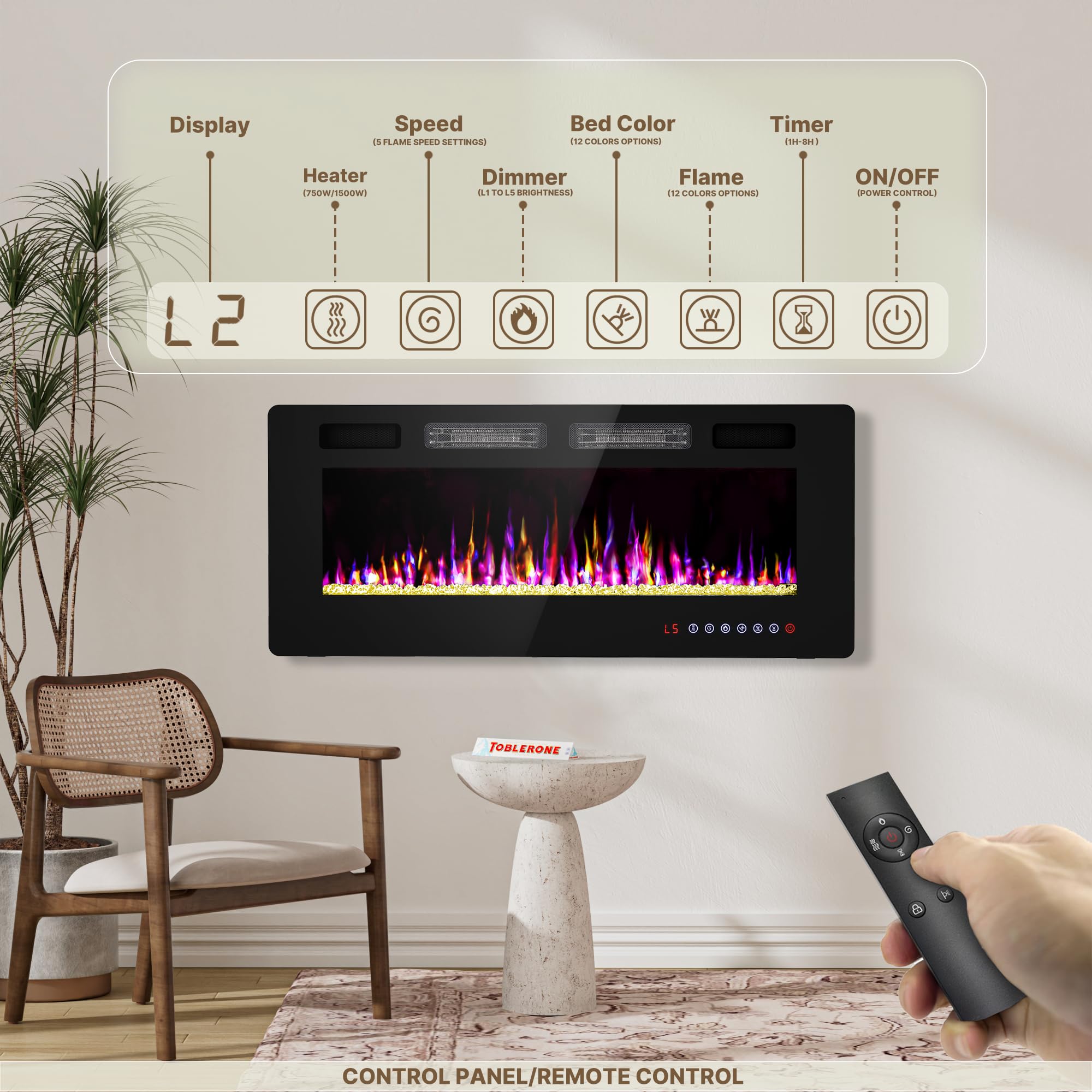 42" Electric Fireplace Wall Mounted & Freestanding LED Insert