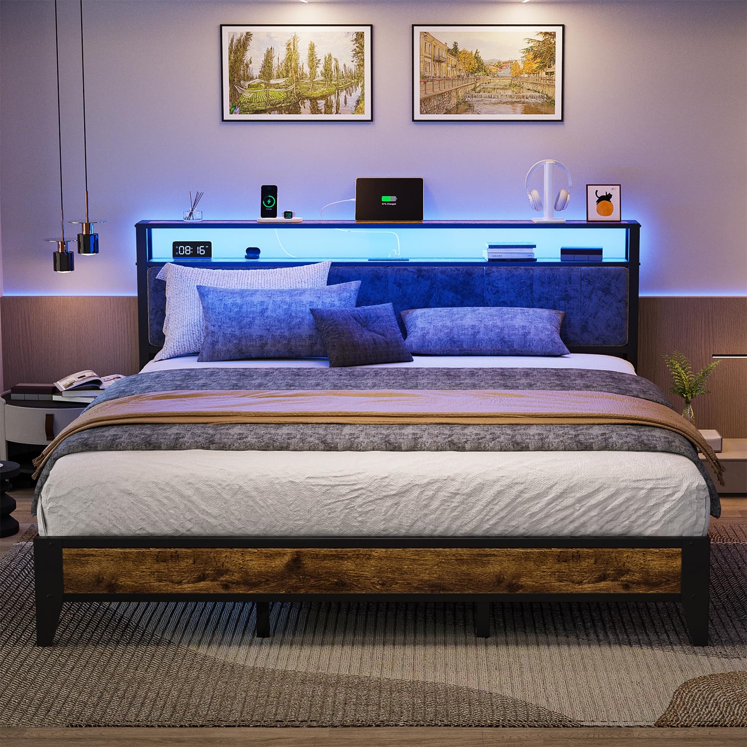 King Bed Frame with LED Headboard and Charging Station
