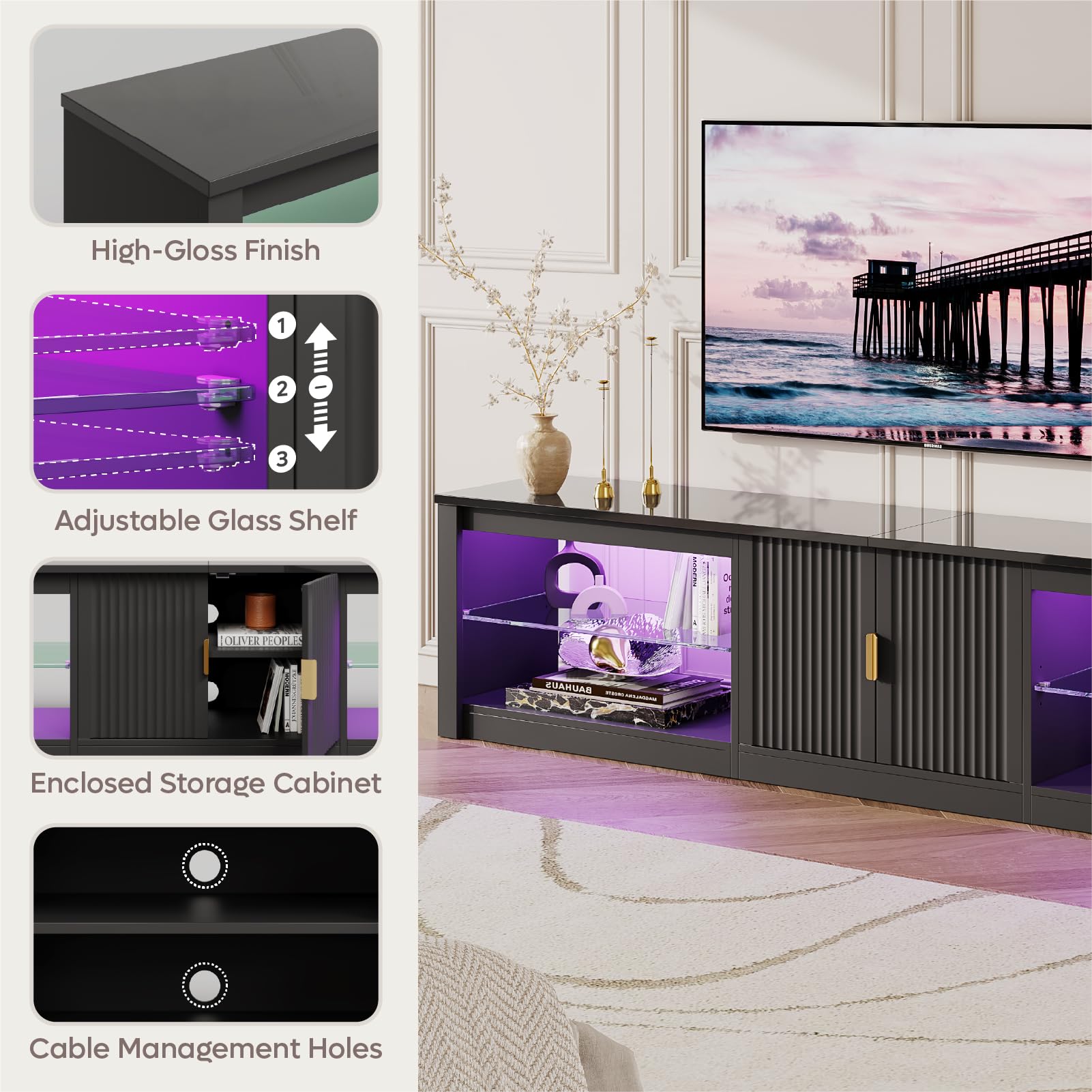 80 Inch LED Gaming TV Stand with Storage Cabinet