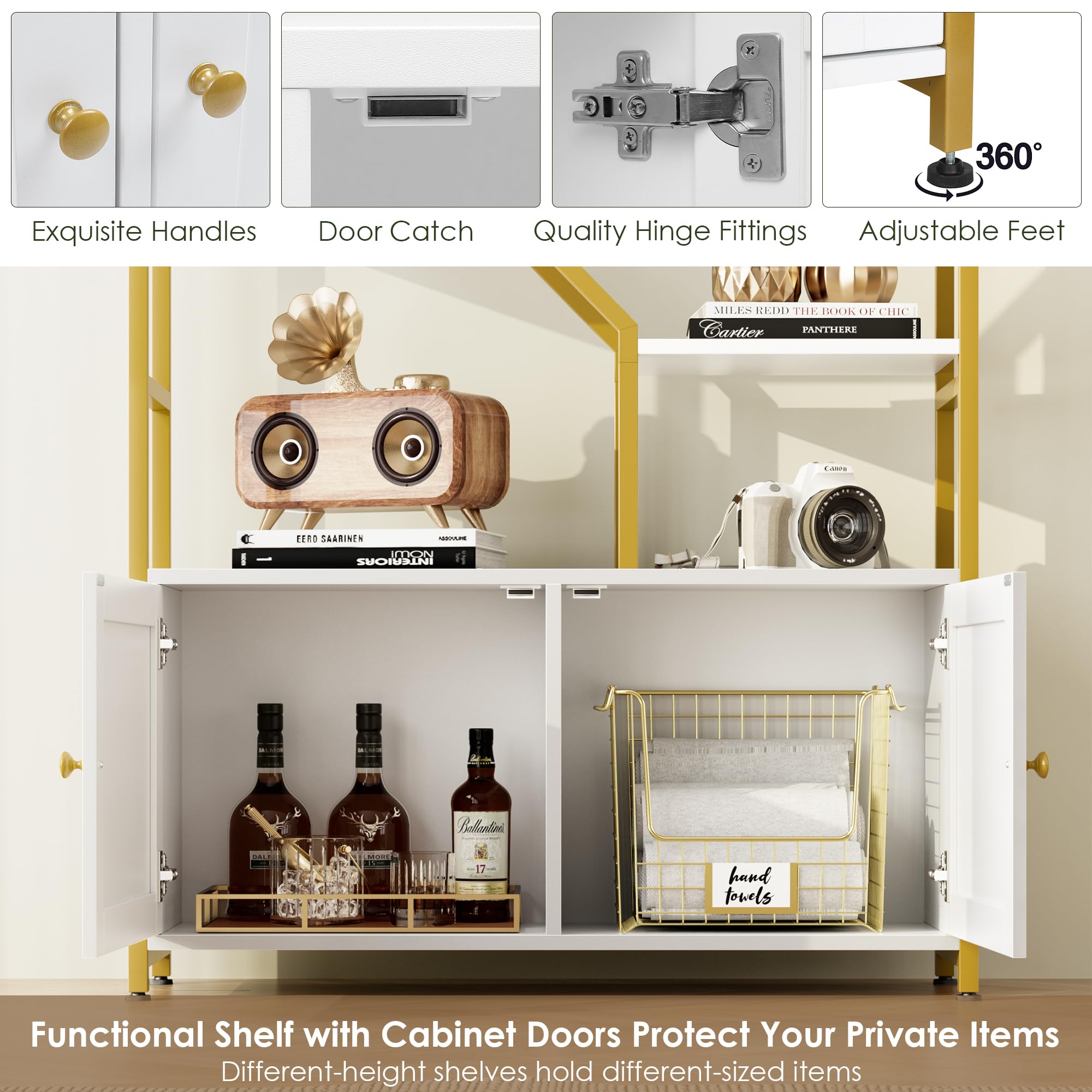 76" Tall Gold Bookshelf with Cabinet Storage