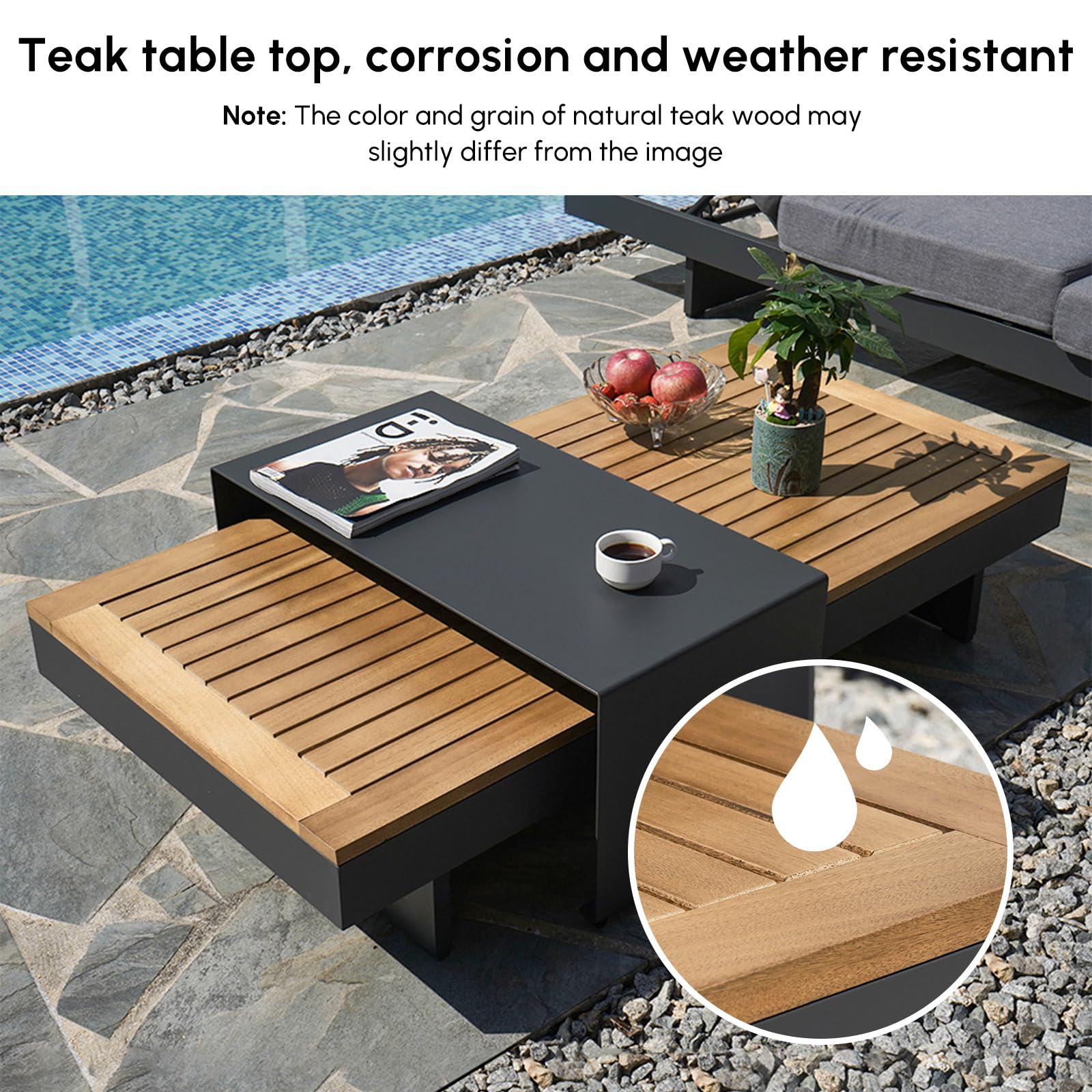 6 Piece Aluminum Teak Patio Sectional Sofa Set with Adjustable Backrests