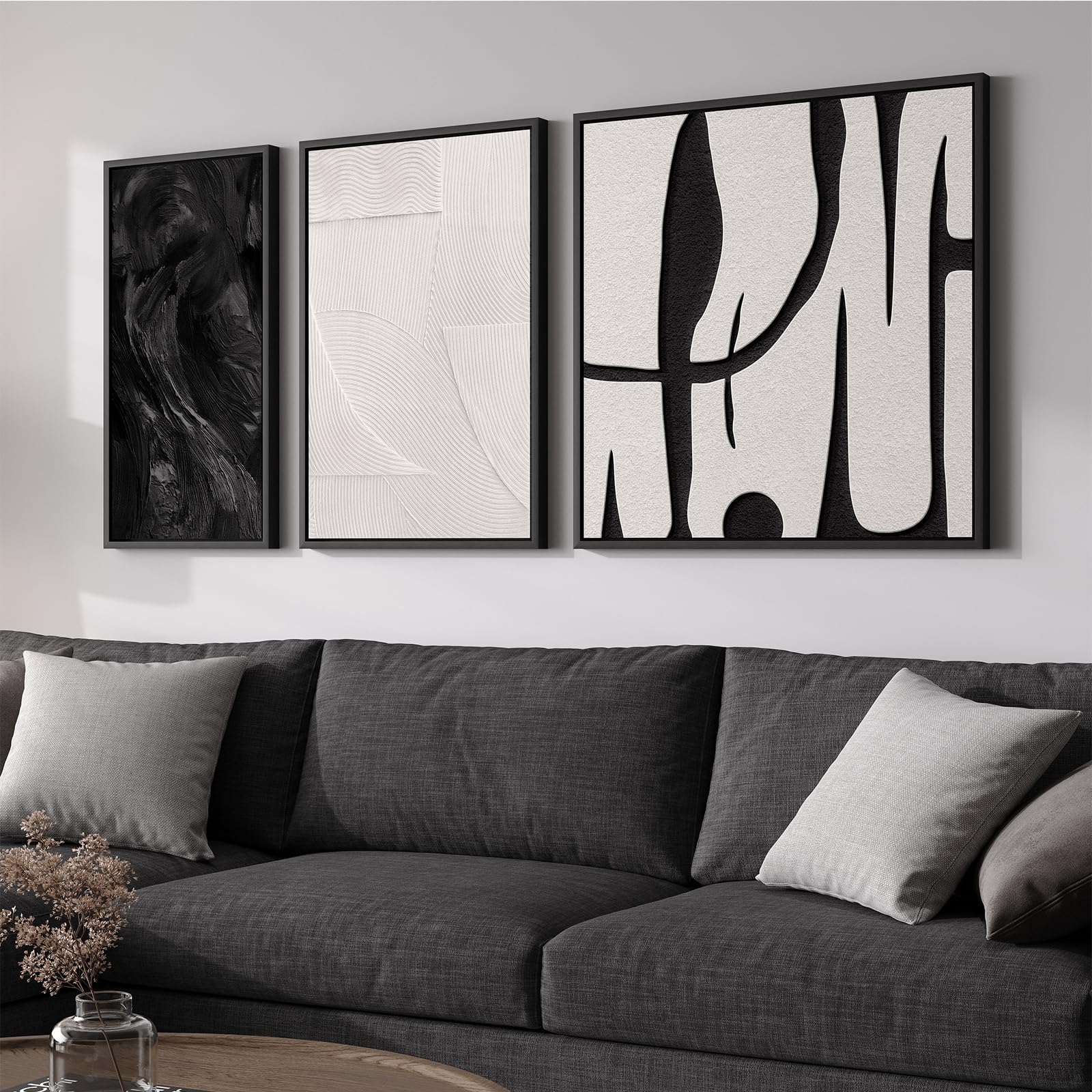 3 Piece Framed Black and White Abstract Canvas Wall Art
