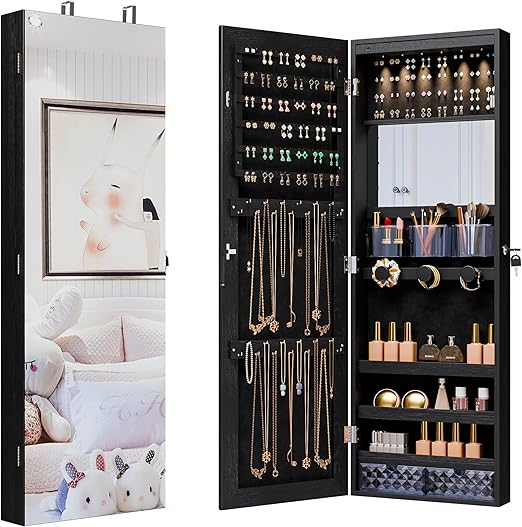 Wall Mounted Mirror Jewelry Cabinet with LED Lights