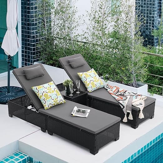 Patio PE Wicker Chaise Lounge Set with Table - Green