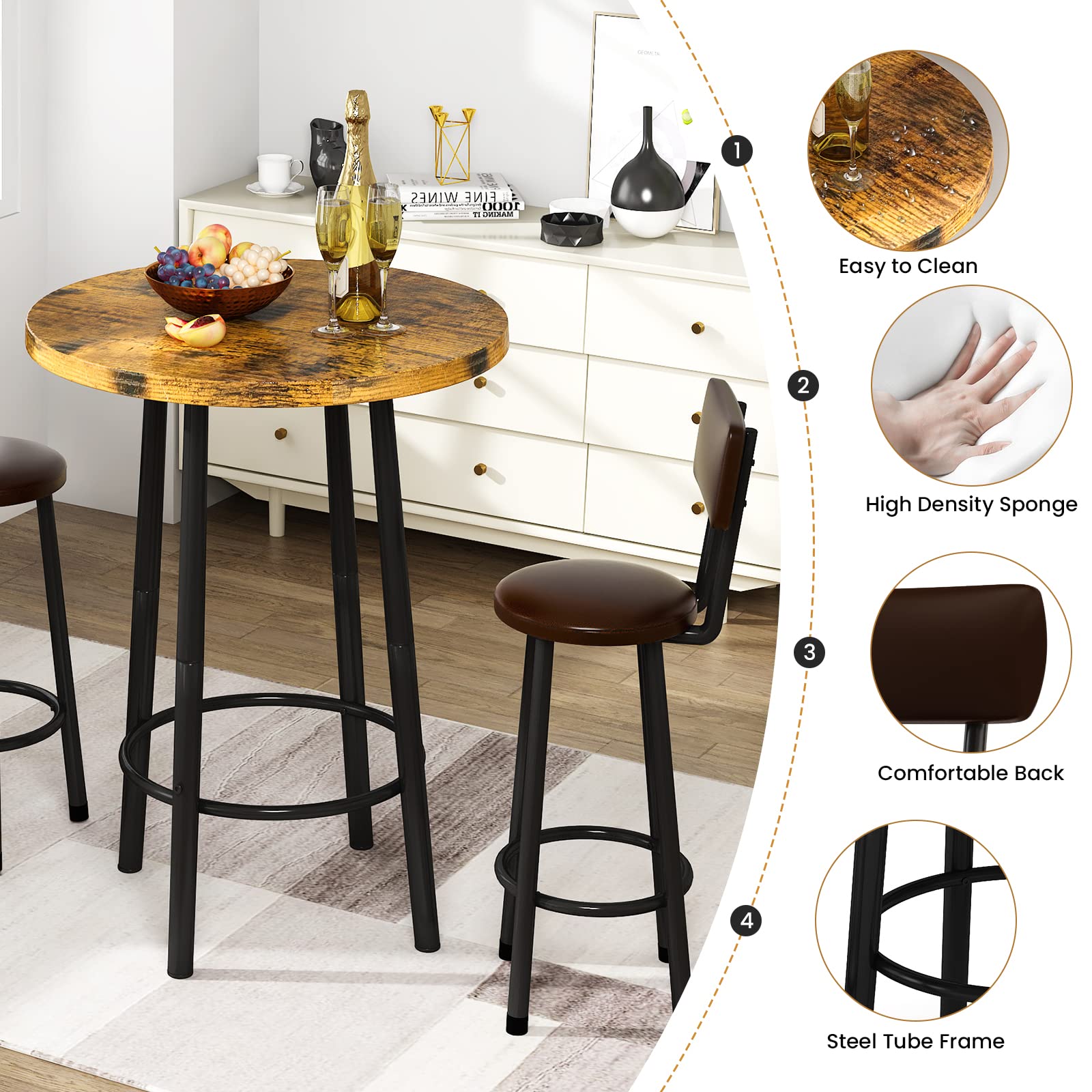 3 Piece Pub Dining Set Round Bar Table with Stools