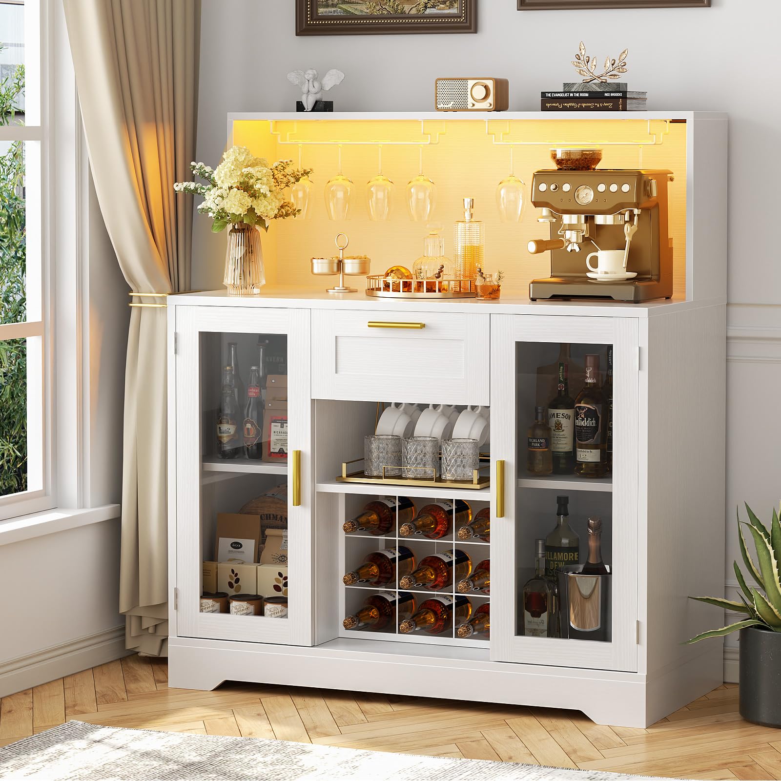 Wine Bar Cabinet with LED Light and Storage