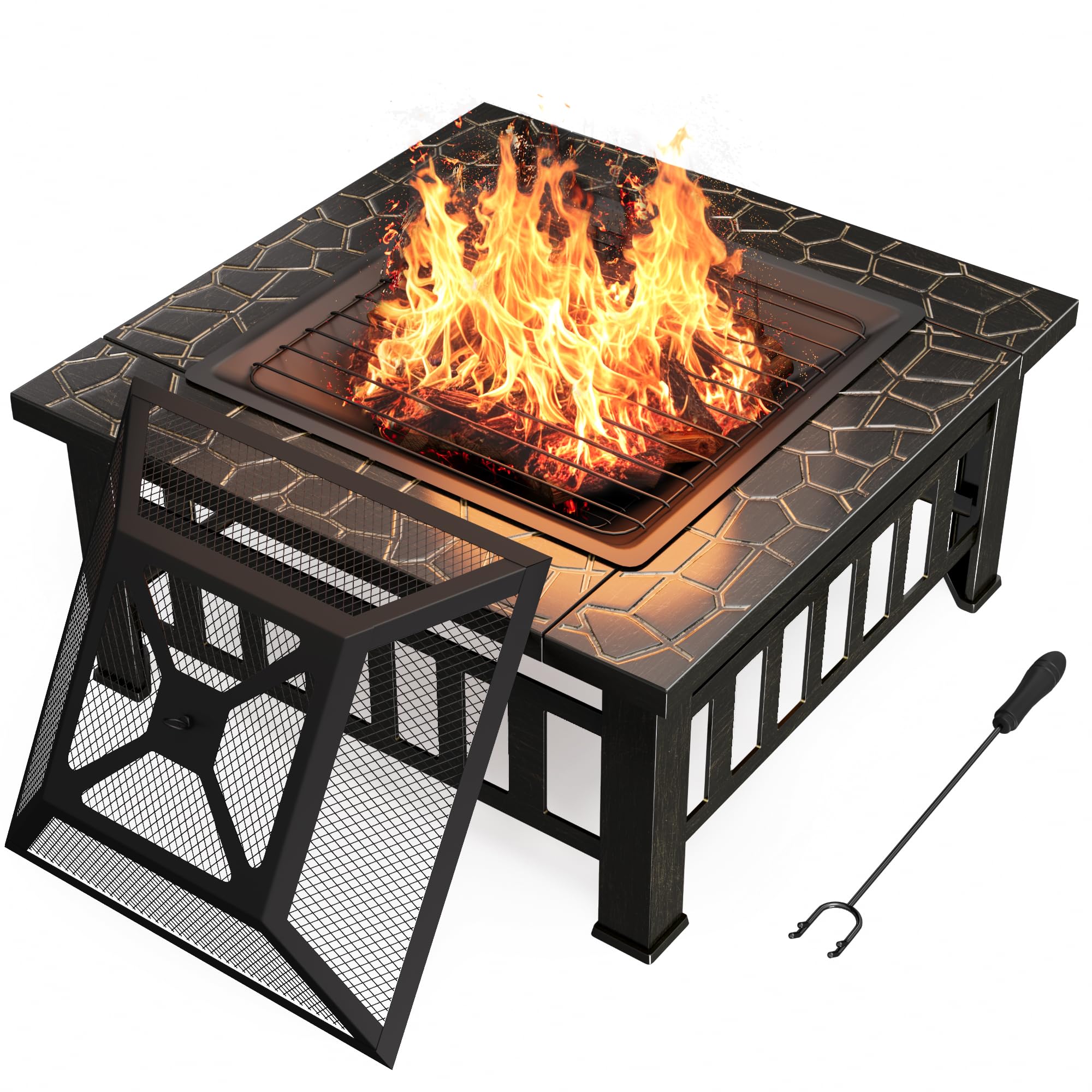 32 Inch Square Outdoor Fire Pit with Waterproof Cover