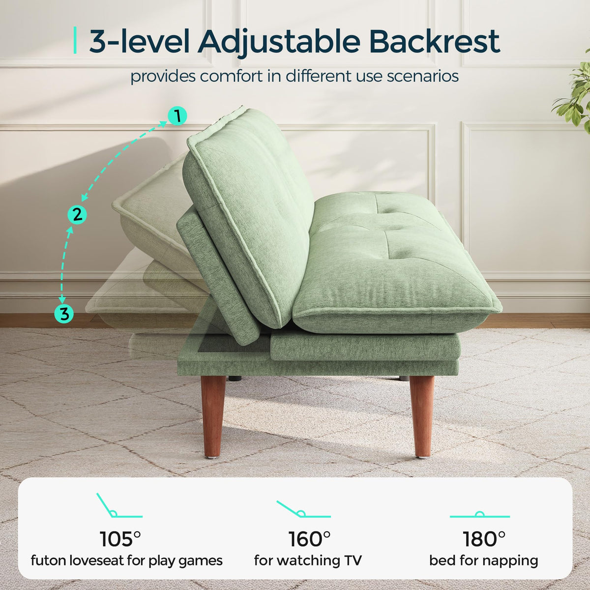 70" Convertible Futon Sofa Bed with Adjustable Backrest and Armrests