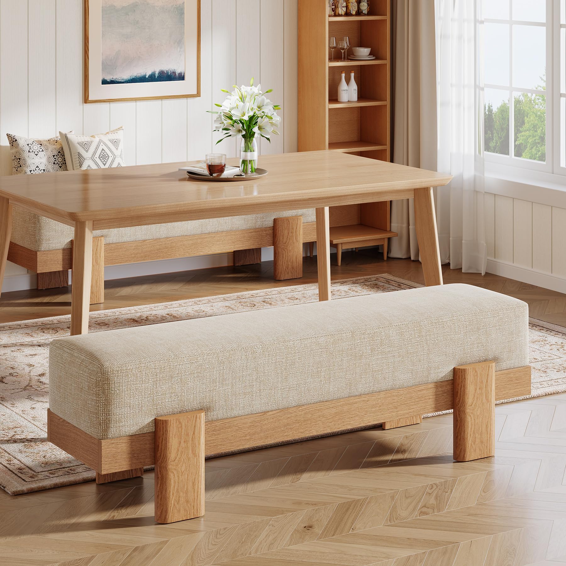 55-Inch Upholstered Dining Bench with Fabric Padded Seat