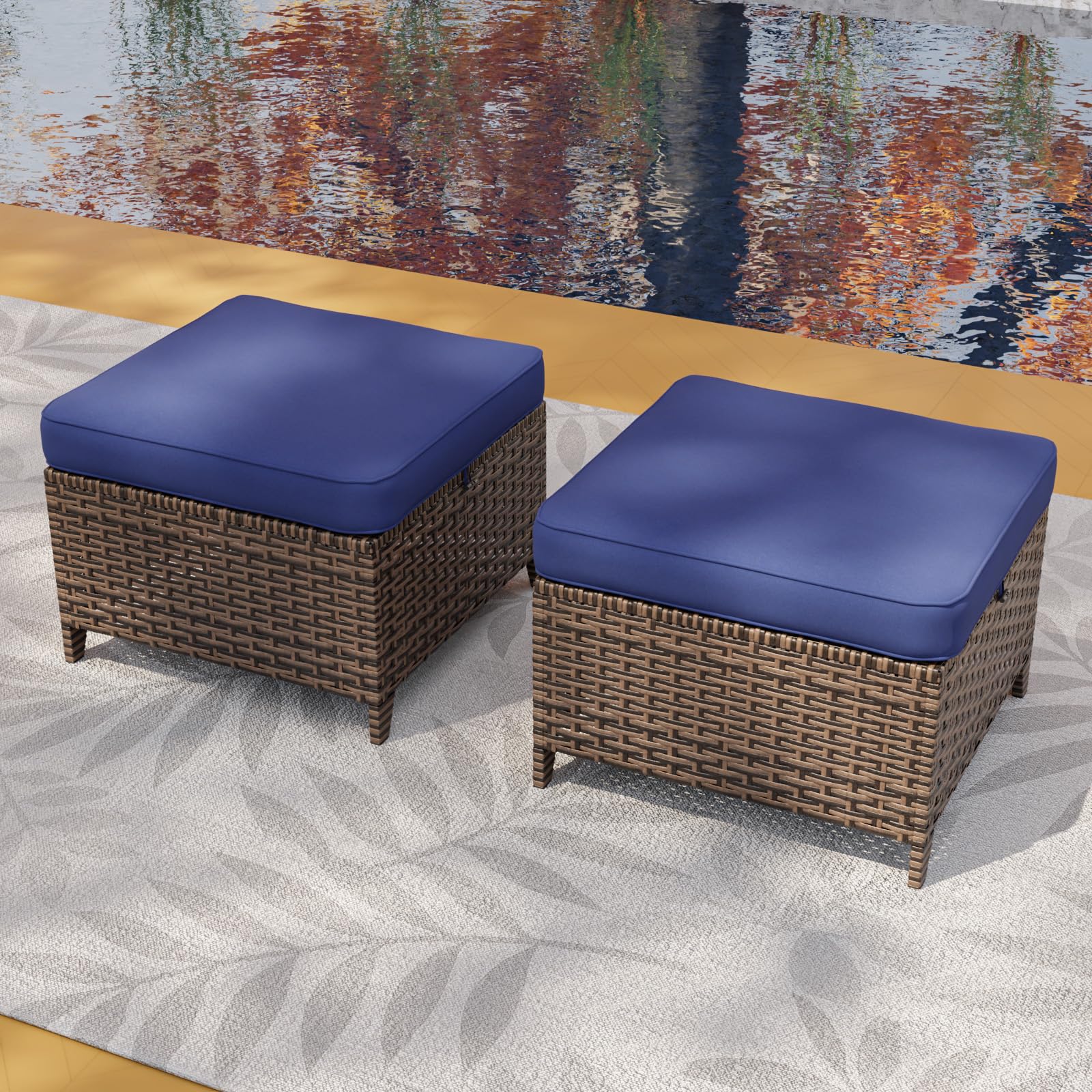 Wicker Outdoor Ottomans Set of 2 with Removable Cushions