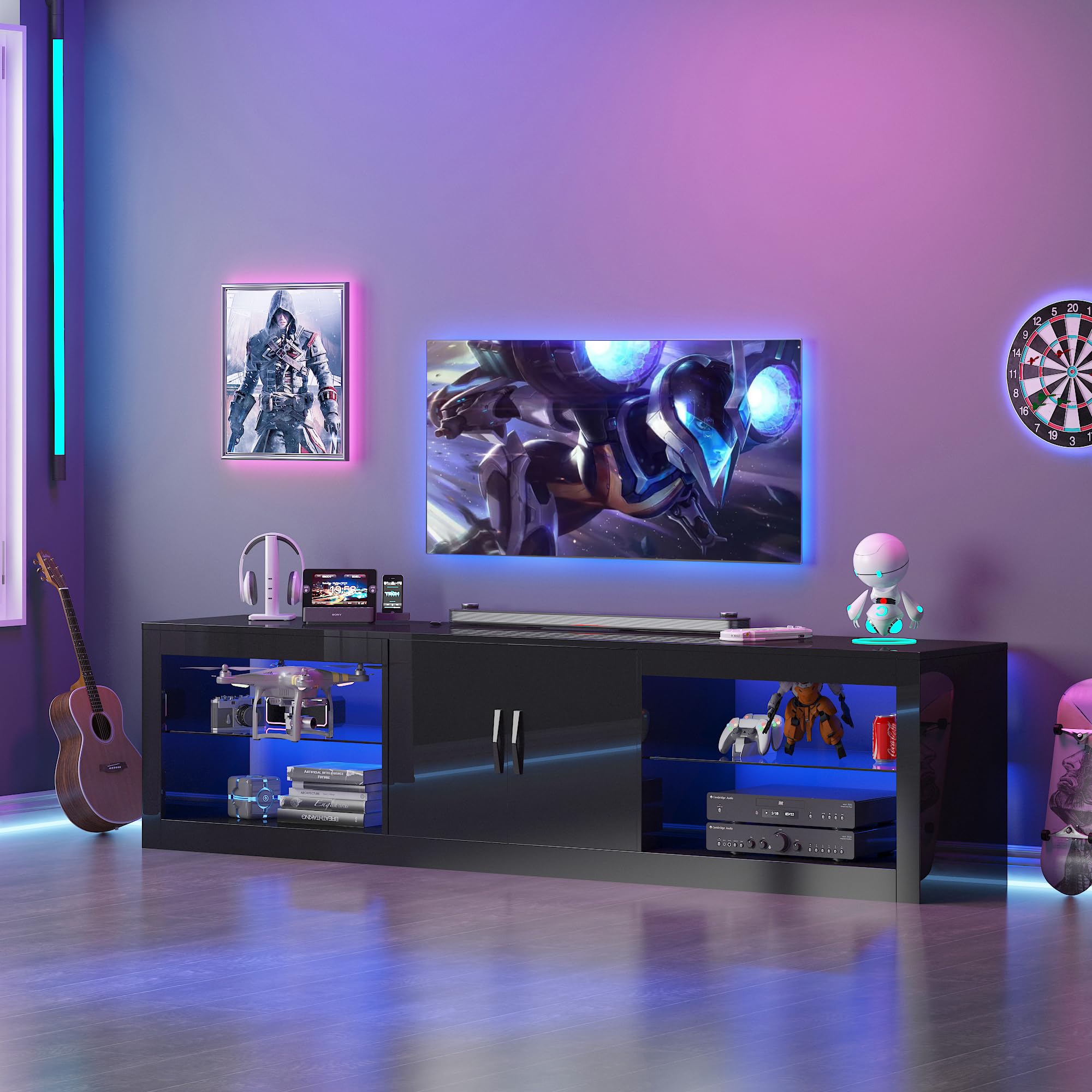 70 Inch LED TV Stand with RGB Lights and Power Outlets