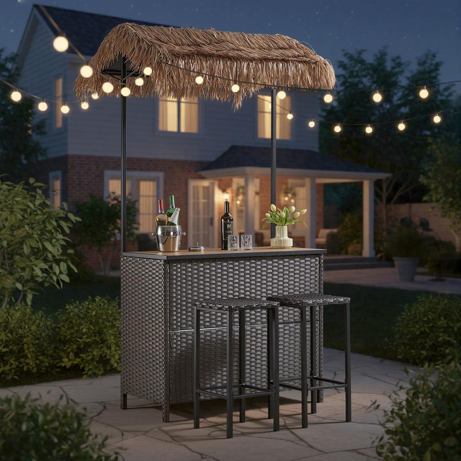 Outdoor Tiki Bar Set with Palapa Top and 2 Stools