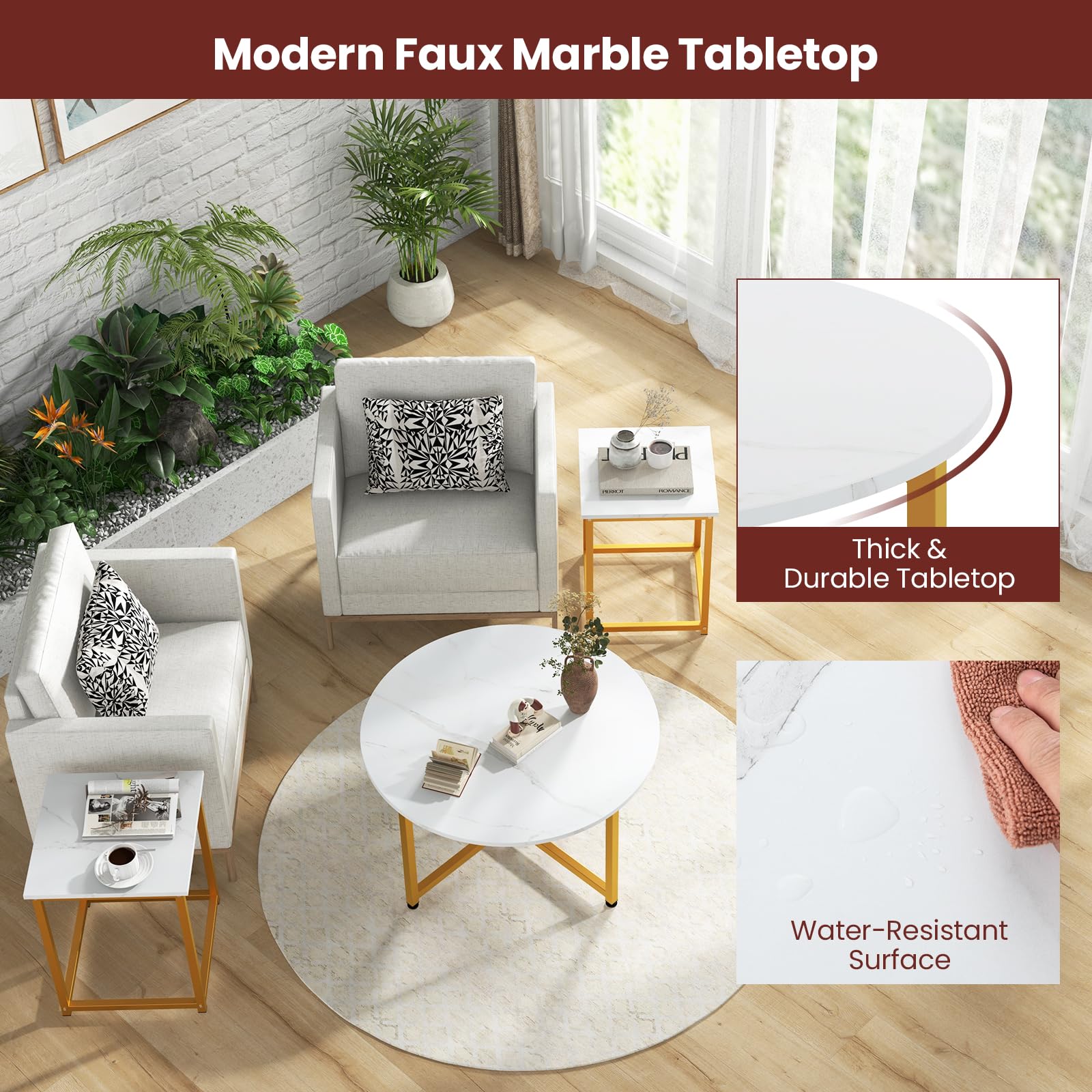 Round Nesting Table Set of 3 - Modern Faux Marble Coffee Table with 2 End Tables