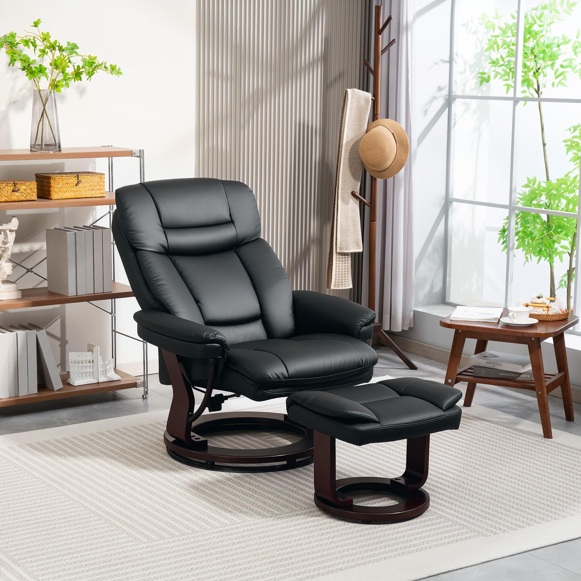 HOMCOM Recliner Chair with Ottoman, PU Leather Swivel Recliner with Comfy Footrest, Upholstered Adjustable Living Room Chair and Ottoman Set, Black