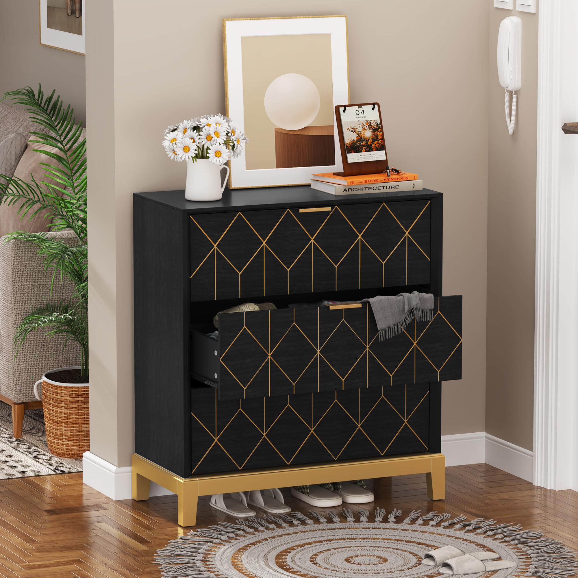 3 Drawer Dresser with Gold Trim - Modern Wood Chest Storage Cabinet