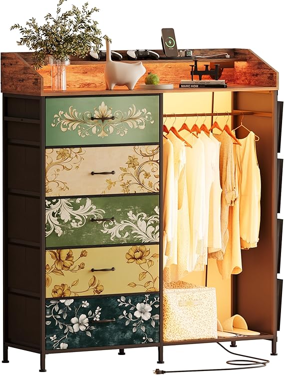 5 Drawer Dresser with LED Lights and Charging Station