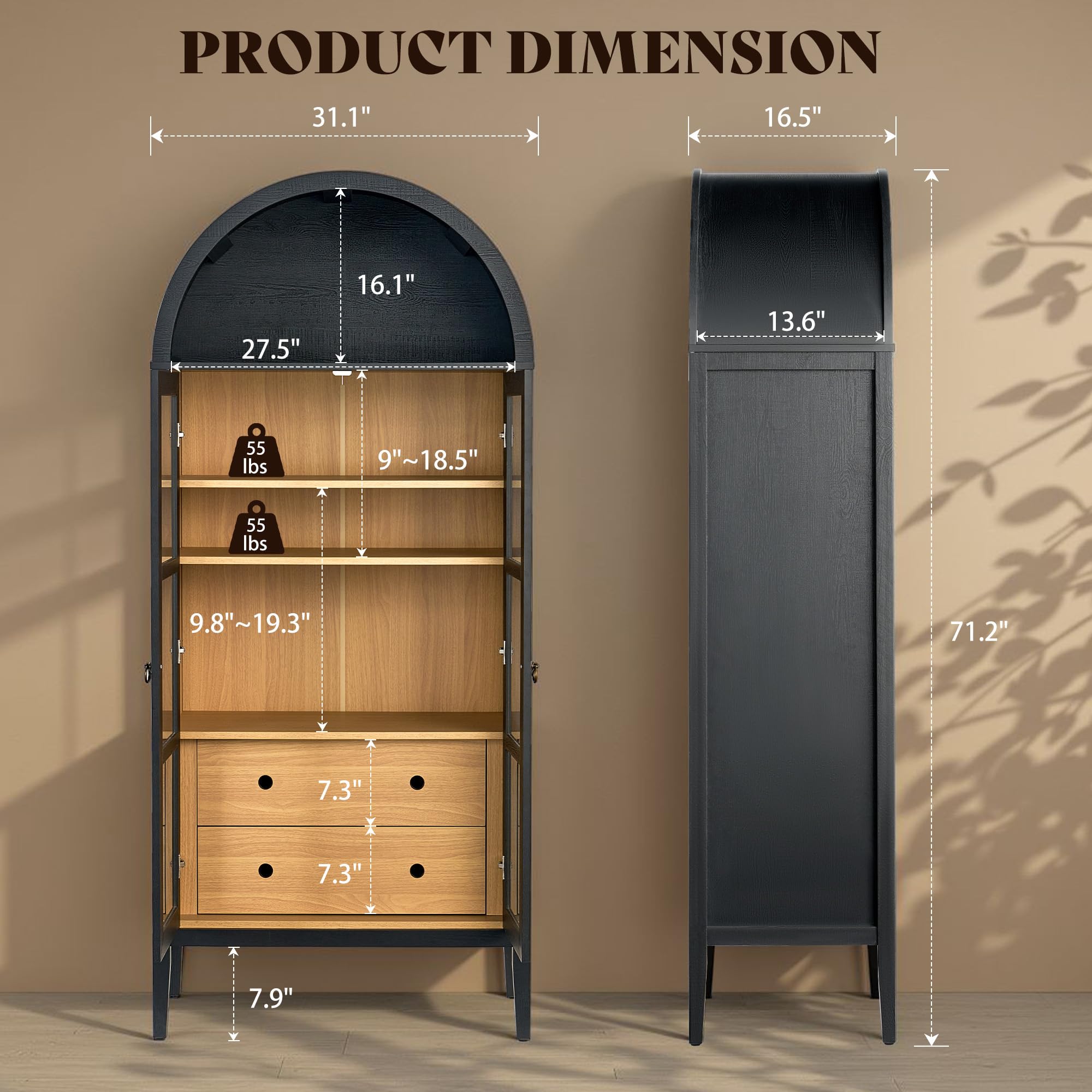 Tall Arched Storage Cabinet with Glass Doors