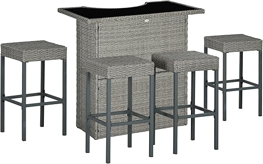 5-Piece Rattan Wicker Bar Set with Glass Top