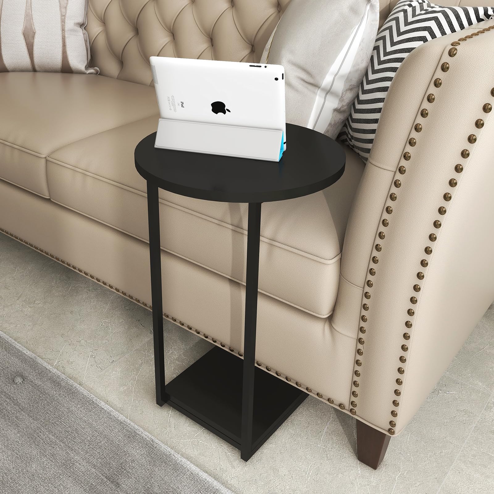 C Shaped End Table Round Snack Side Table