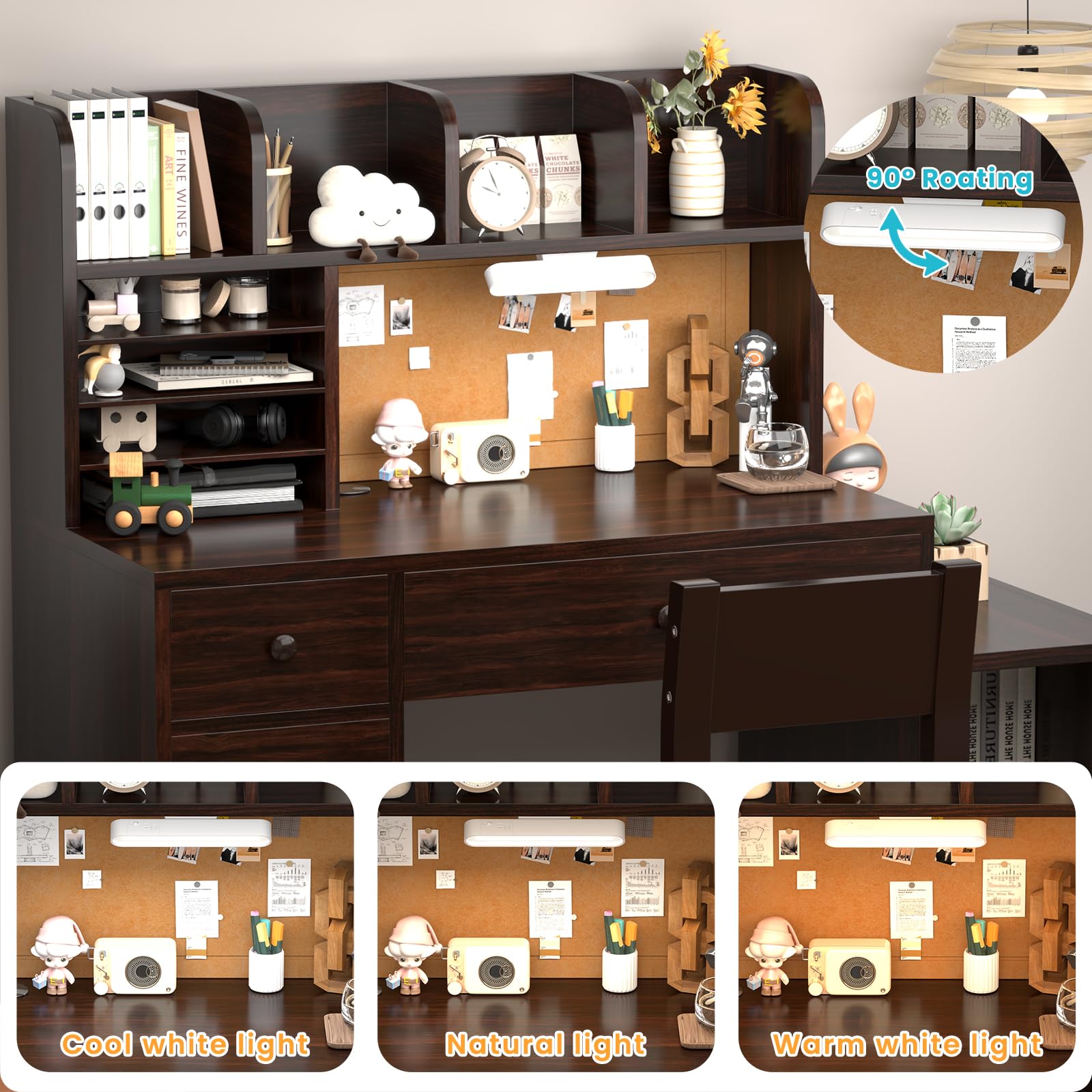 RUPOLX Wooden Espresso Kids Study Desk and Chair Set with Light, 2 Drawers and 4 Storage Cabinets, Children Desk with 4 Open Hutch and Shelves, Girls Study Desk for Kids Bedroom-003