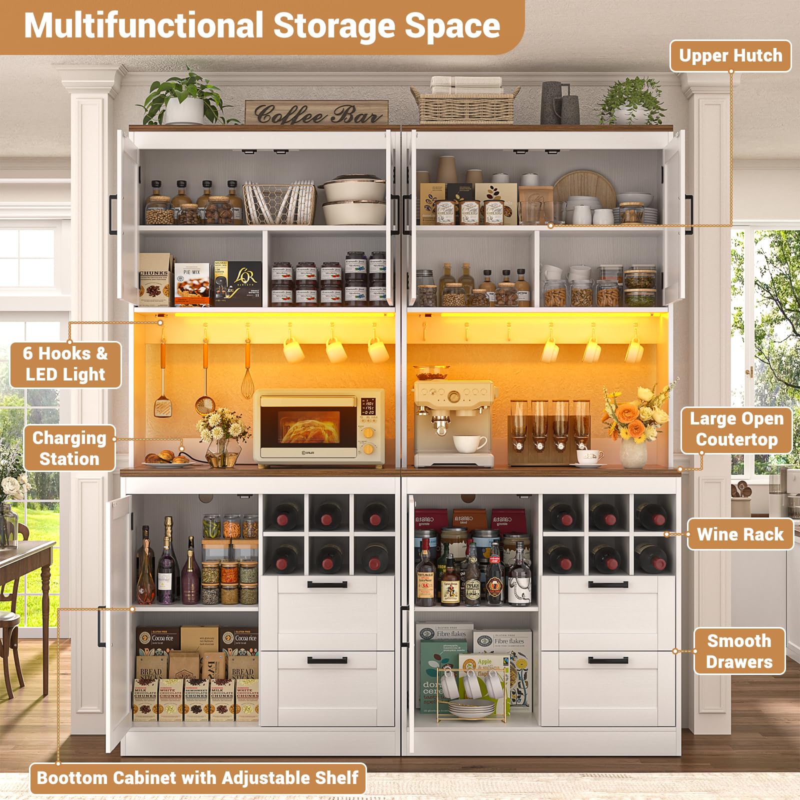 72" Tall Pantry Cabinet with LED Light & Outlet