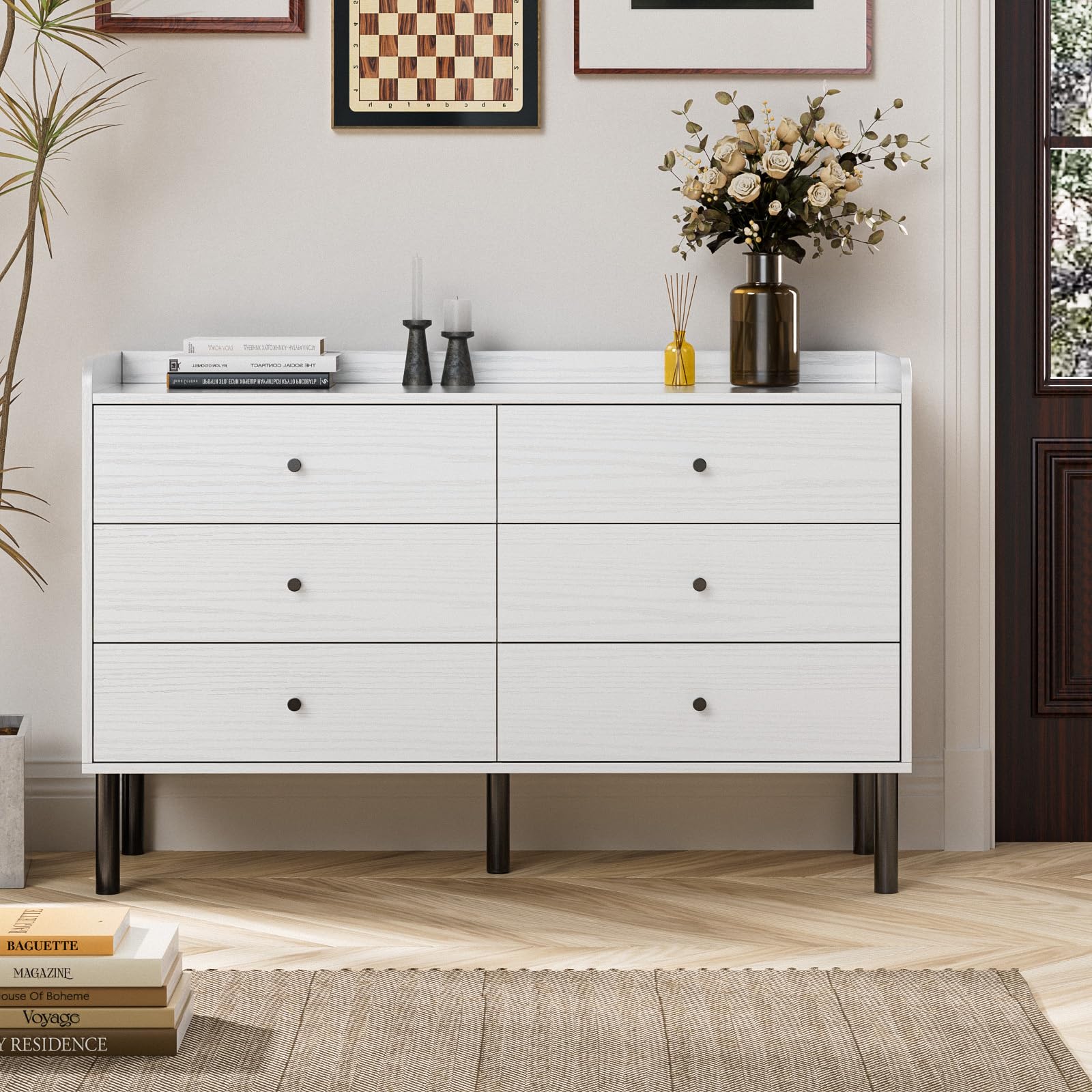 6 Drawer Dresser with Wide Drawer and Metal Handles