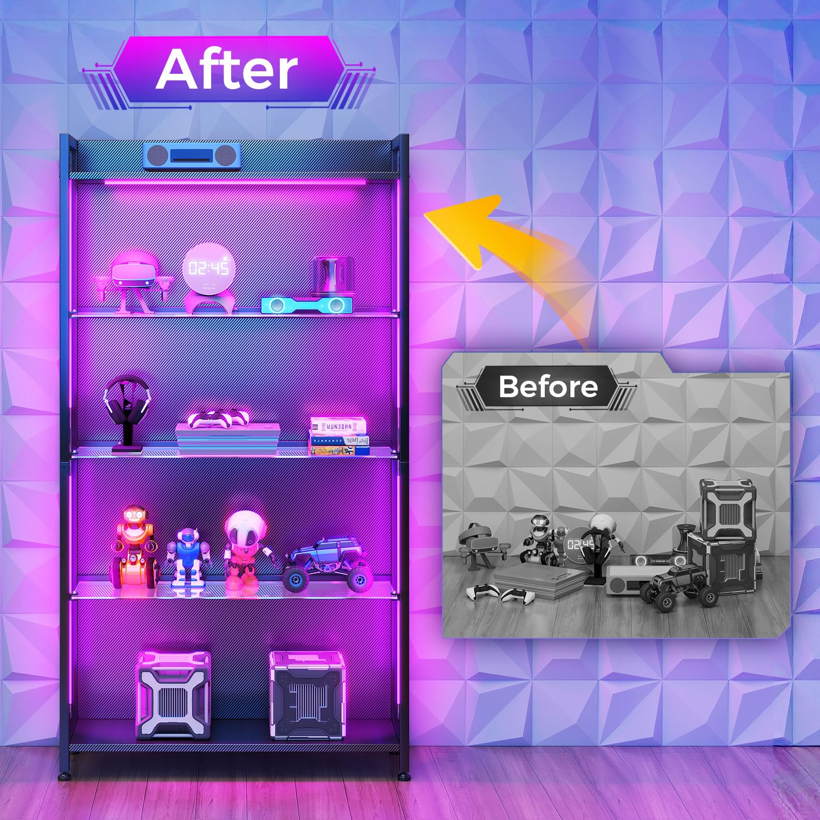 4-Tier Display Cabinet with LED Lights and Glass Shelves