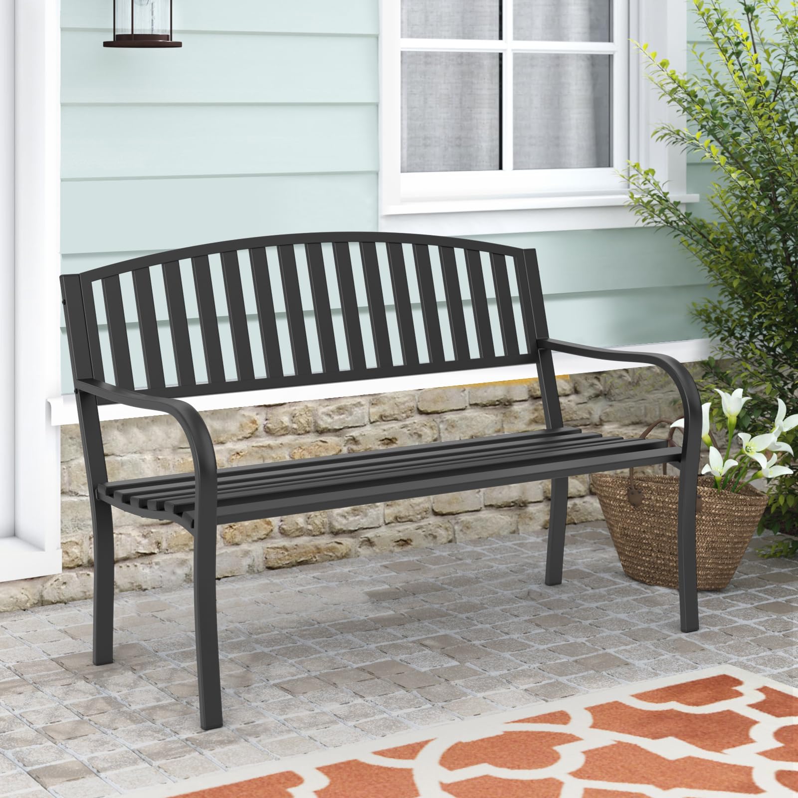 Outdoor Garden Bench - Weatherproof Anti-Rust Heavy-Duty Wrought Iron Metal