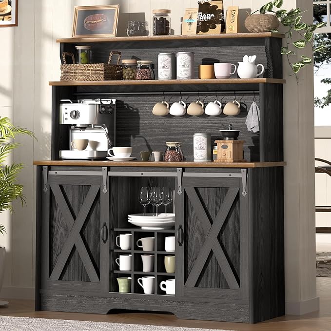Farmhouse Coffee Bar Cabinet with 3-Tier Storage Hutch