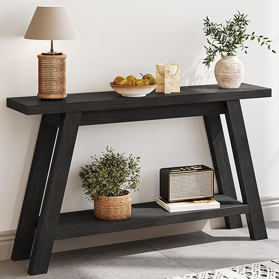 55-Inch Black Console Table 2-Tier Entryway Hallway Sofa Table