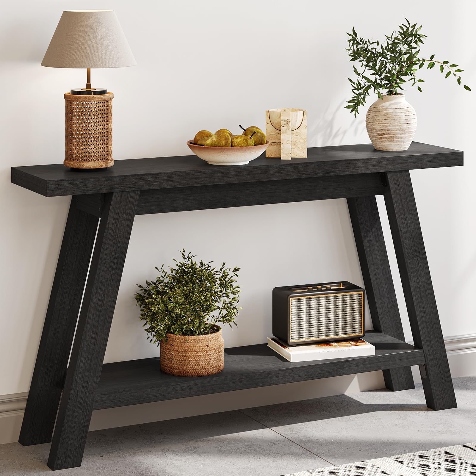 55-Inch Black Console Table 2-Tier Entryway Hallway Sofa Table