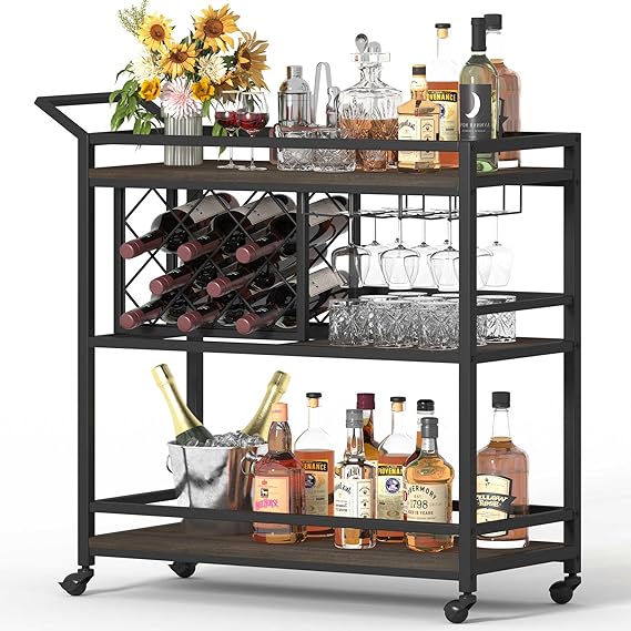 3-Tier Mirrored Bar Cart with Wheels