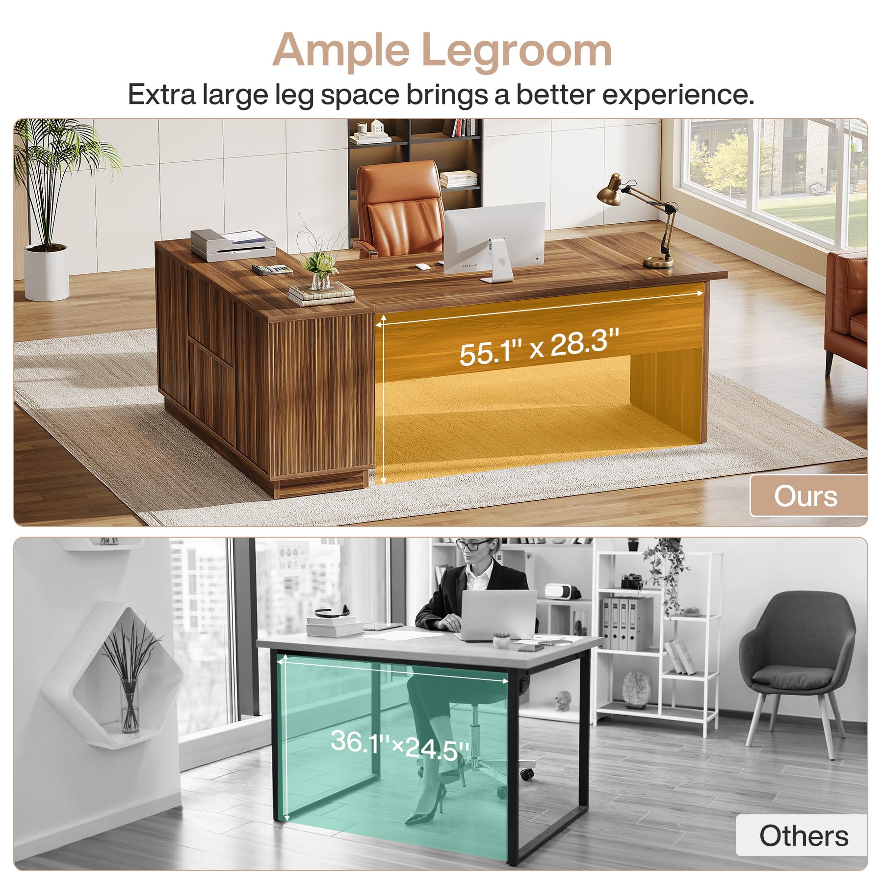 70.8-Inch Fluted Executive L-Shaped Desk with File Cabinet