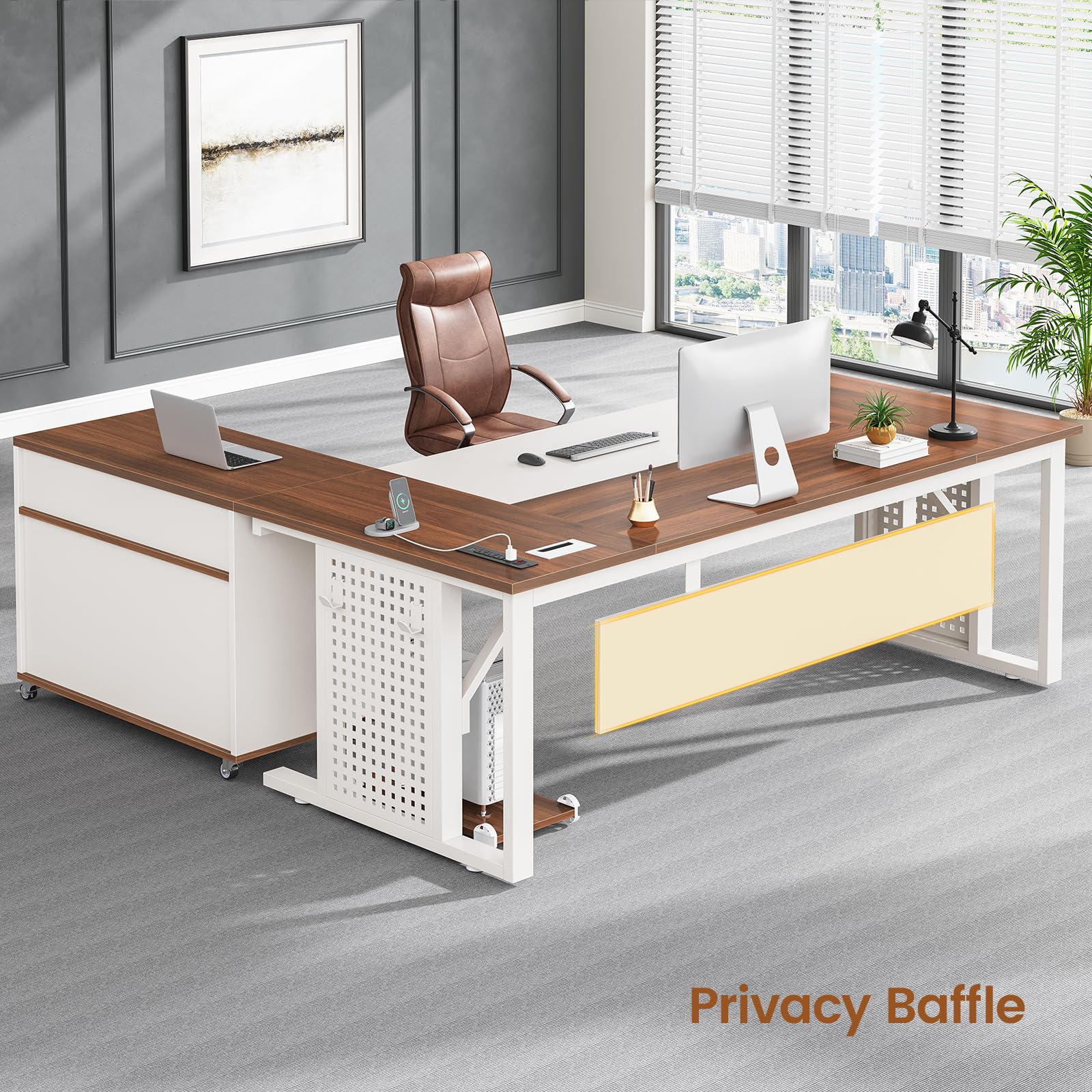 L-Shaped Executive Desk with Rolling File Cabinet