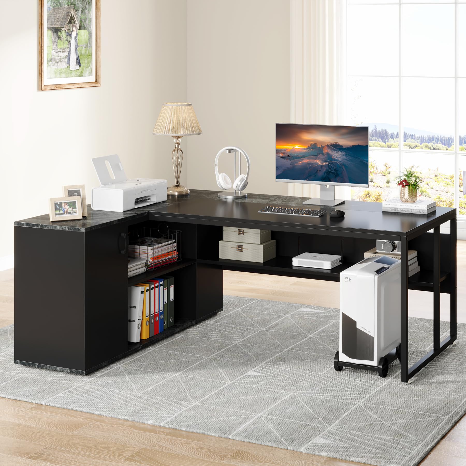 71 Inch L-Shaped Executive Desk with Cabinet Storage