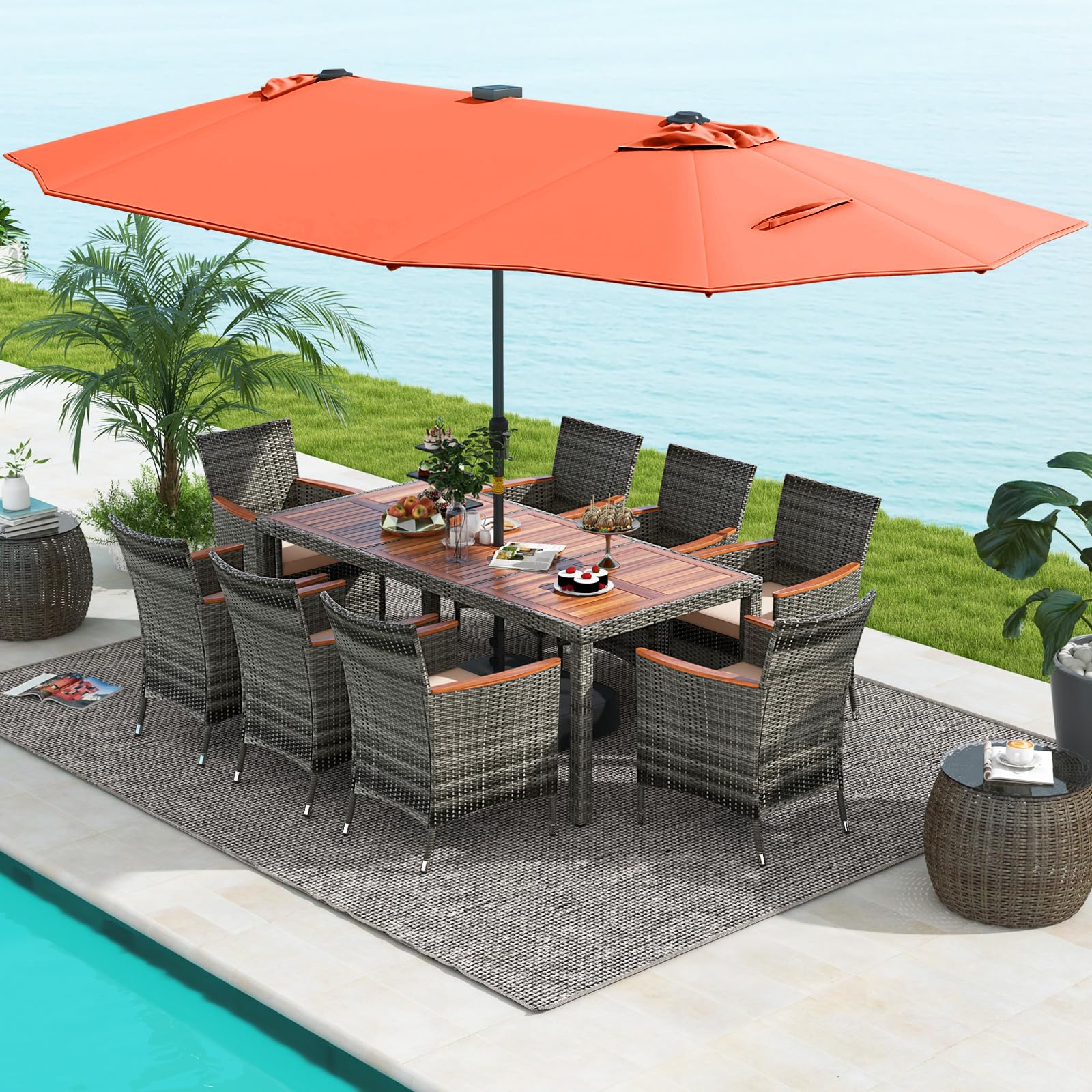 11-Piece Patio Dining Set with 15ft LED Umbrella