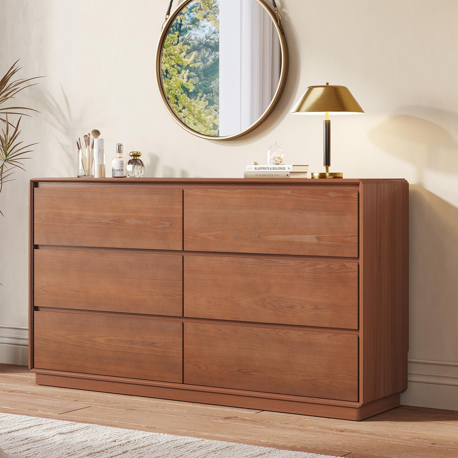 Solid Wood 6 Drawer Dresser 55.2" Wide Mid Century Modern