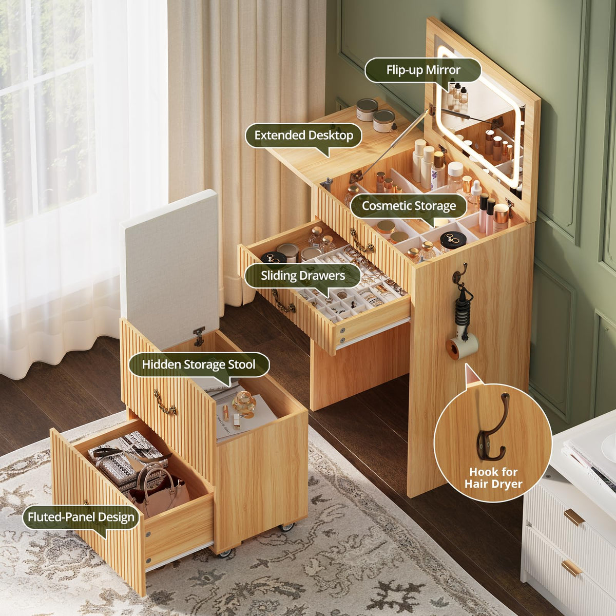 3-in-1 Vanity Table with Flip Mirror and Lights