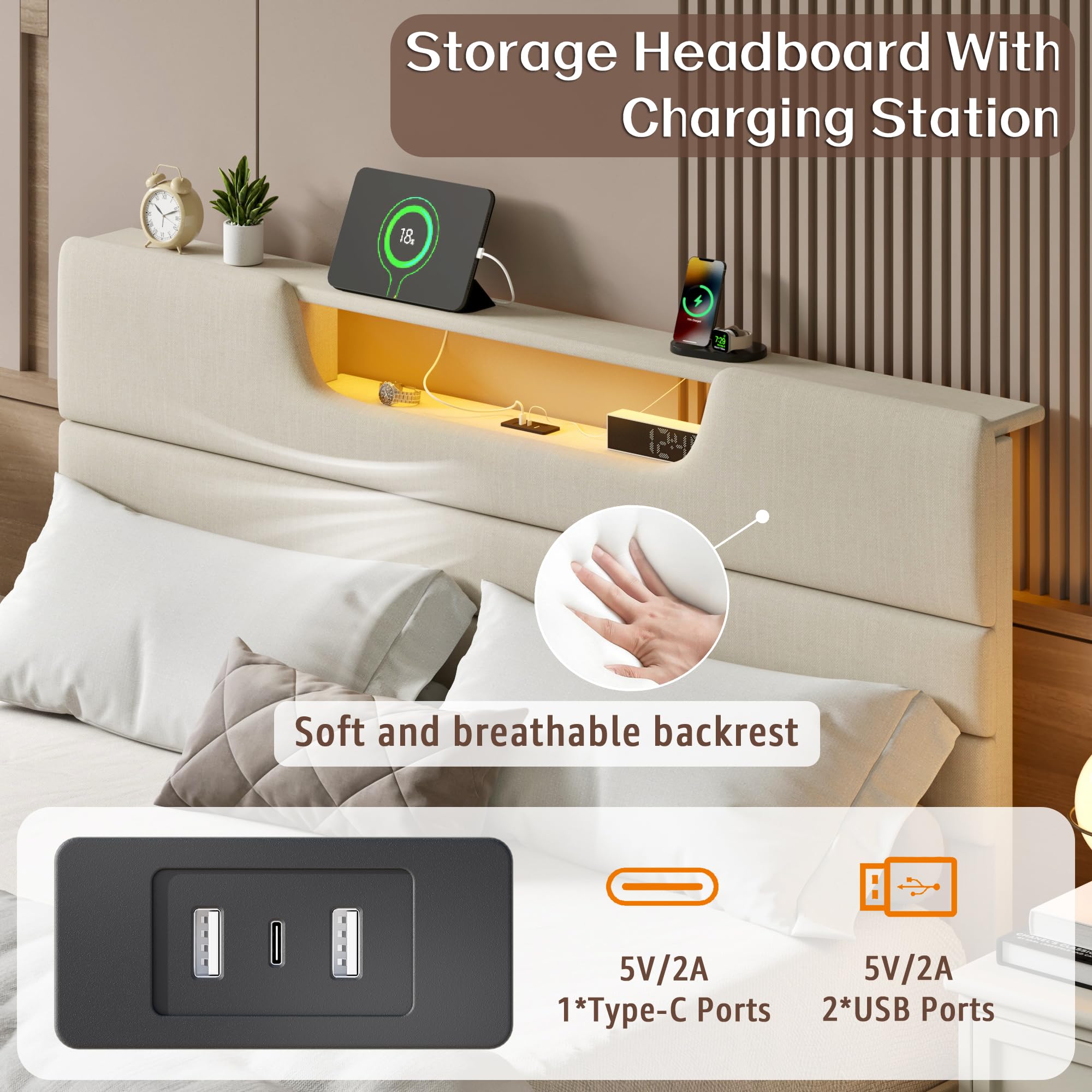 Queen Size Upholstered Platform Bed with LED Lights and Charging Station