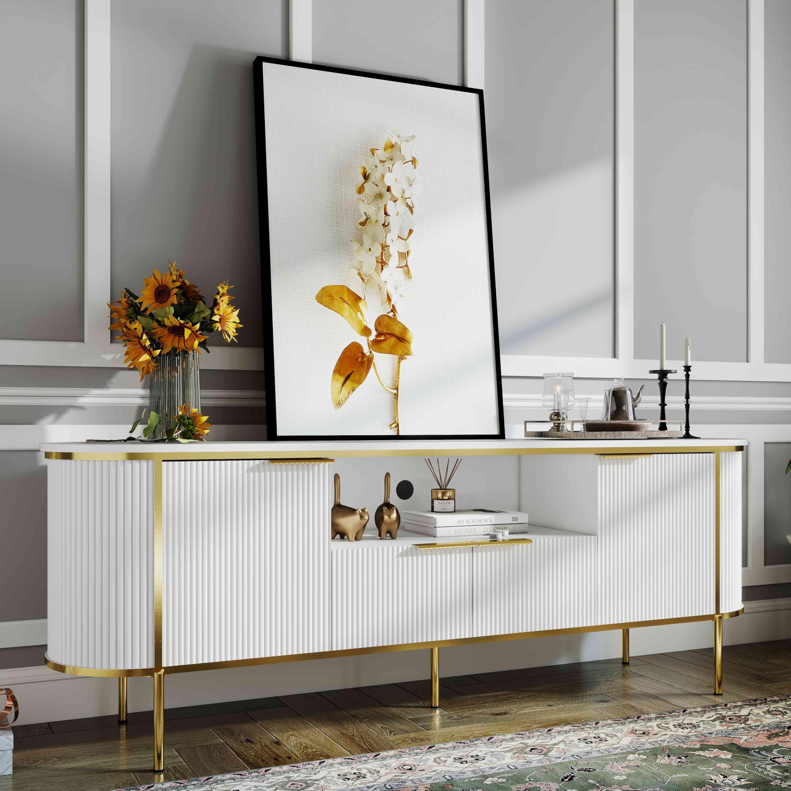 70" White Fluted TV Stand with Storage for TVs Up to 80"