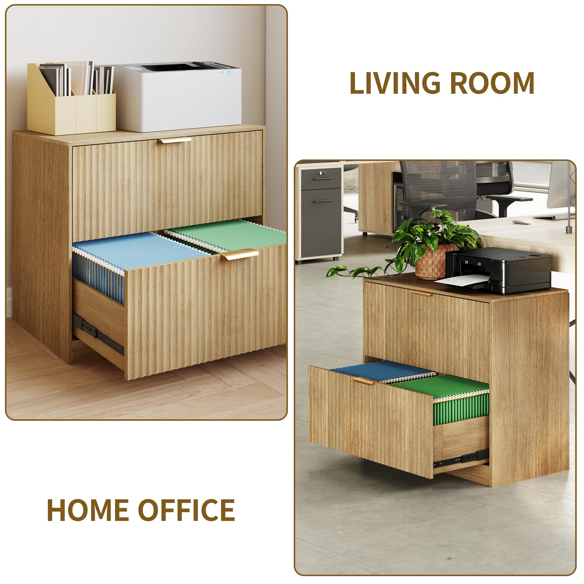 WTWEGMDGE Double Drawer Horizontal File Cabinet,Modern Wood Fluted Home Office File Cabinet Printer Stand with Three-Level Adjustable Hanging Rails for Legal/Letter/A4 Size Documents (Wood)