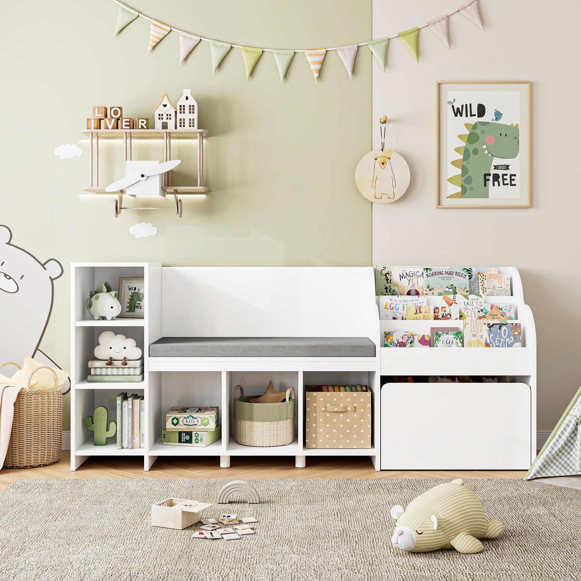 Kids Reading Nook with Storage Bench and Bookshelf