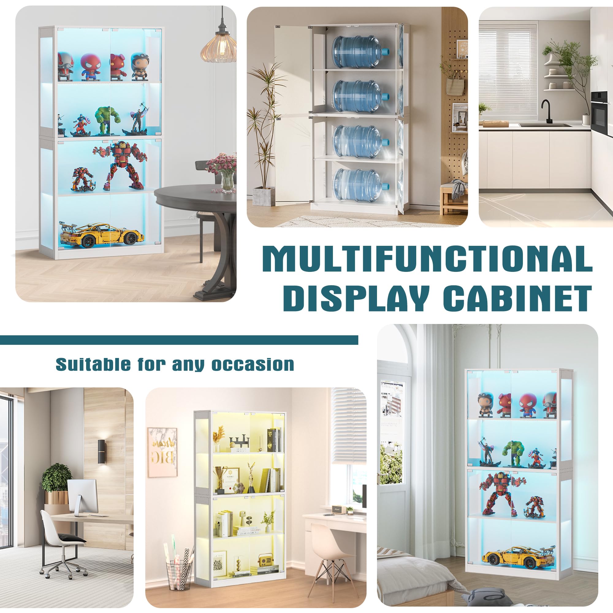 4-Tier Display Cabinet with Glass Doors and LED Lights