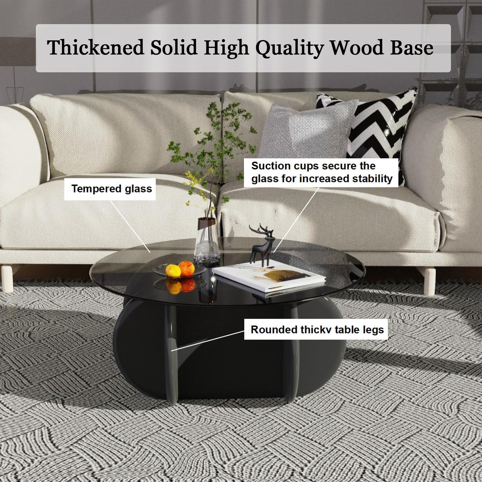 Round Glass Coffee Table with Wood Legs