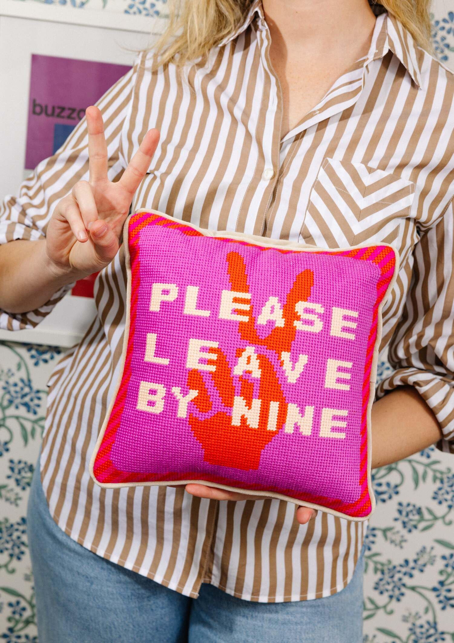 Leave By Nine Needlepoint Throw Pillow 11x11