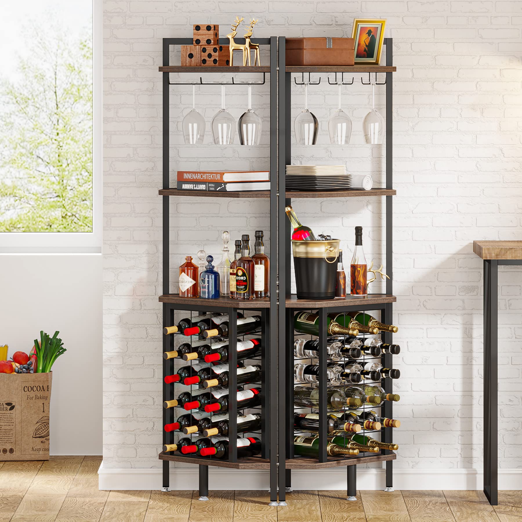 Corner Wine Rack with Glass Holder and Storage Shelves