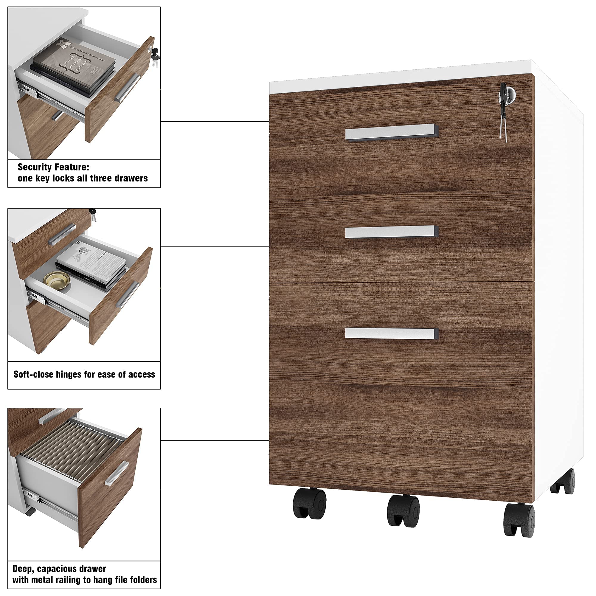 3-Drawer Rolling File Cabinet with Lock