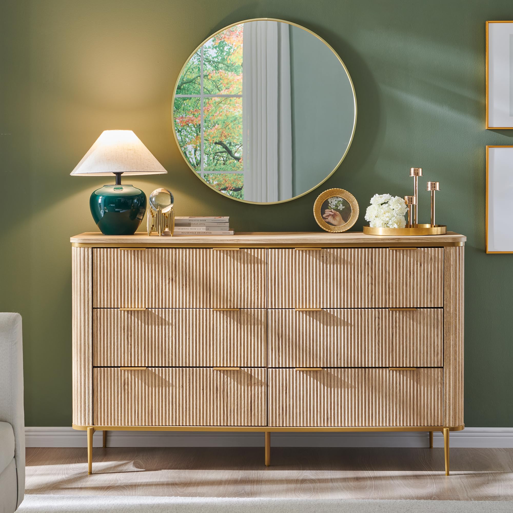 6-Drawer Dresser with Fluted Design and Gold Accents