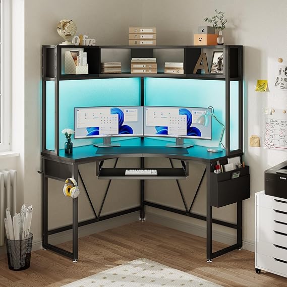 Corner Desk with Hutch and LED Lights